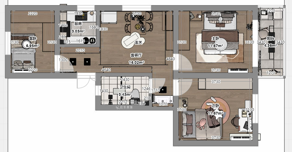 刘小勇｜宁工新寓二村115号501-75㎡-现代简约风格｜3室1厅1卫｜老房装修｜定制家｜全包10万｜00_03平面彩图